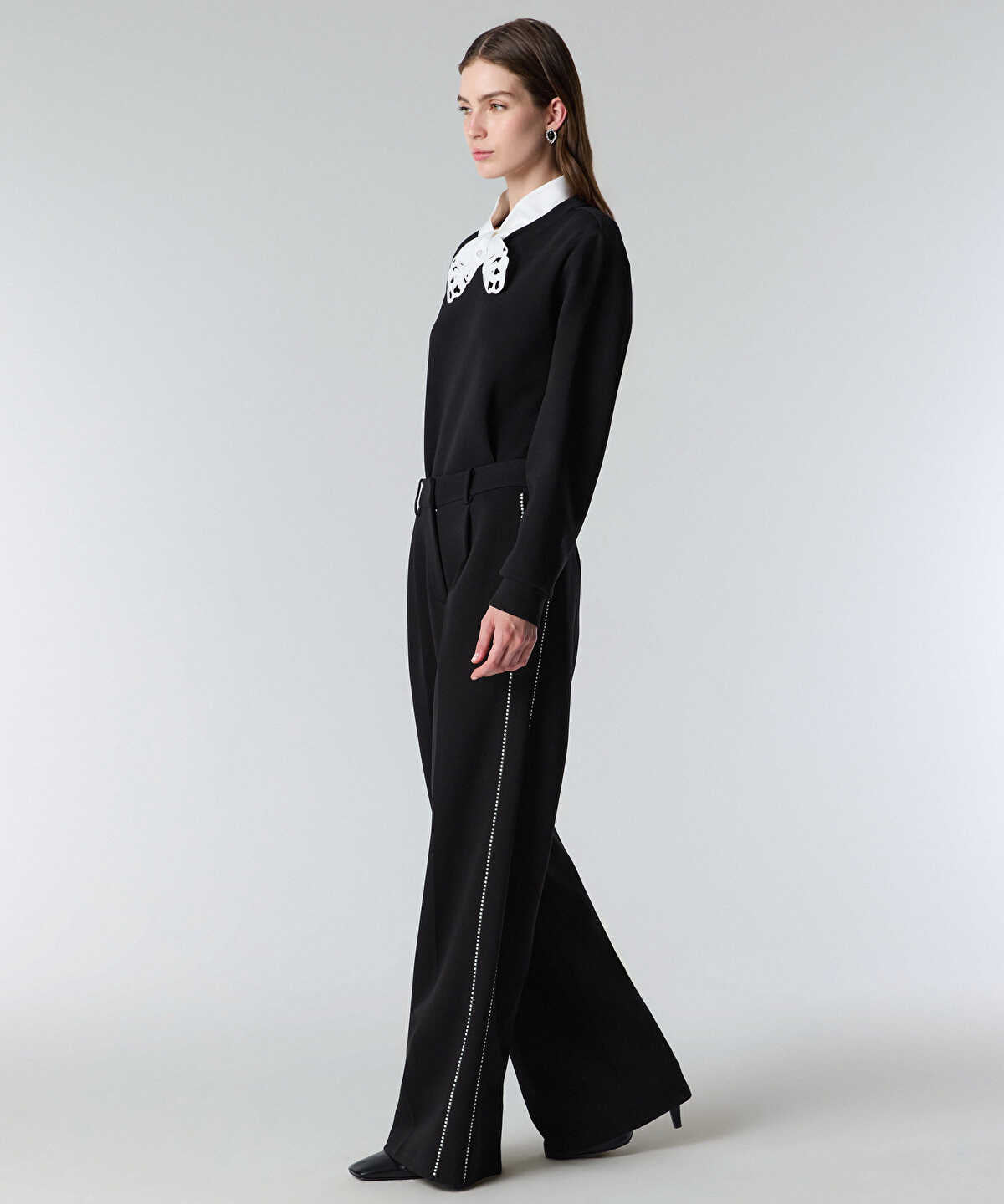 Zoomed Faux-Pearl Trim Wide-Leg Trousers