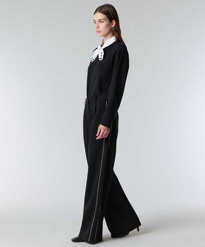 Faux-Pearl Trim Wide-Leg Trousers