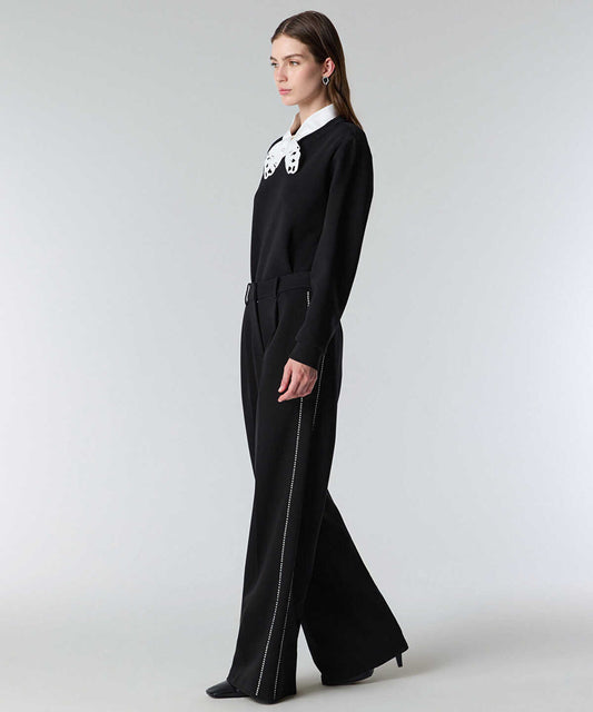 Faux-Pearl Trim Wide-Leg Trousers