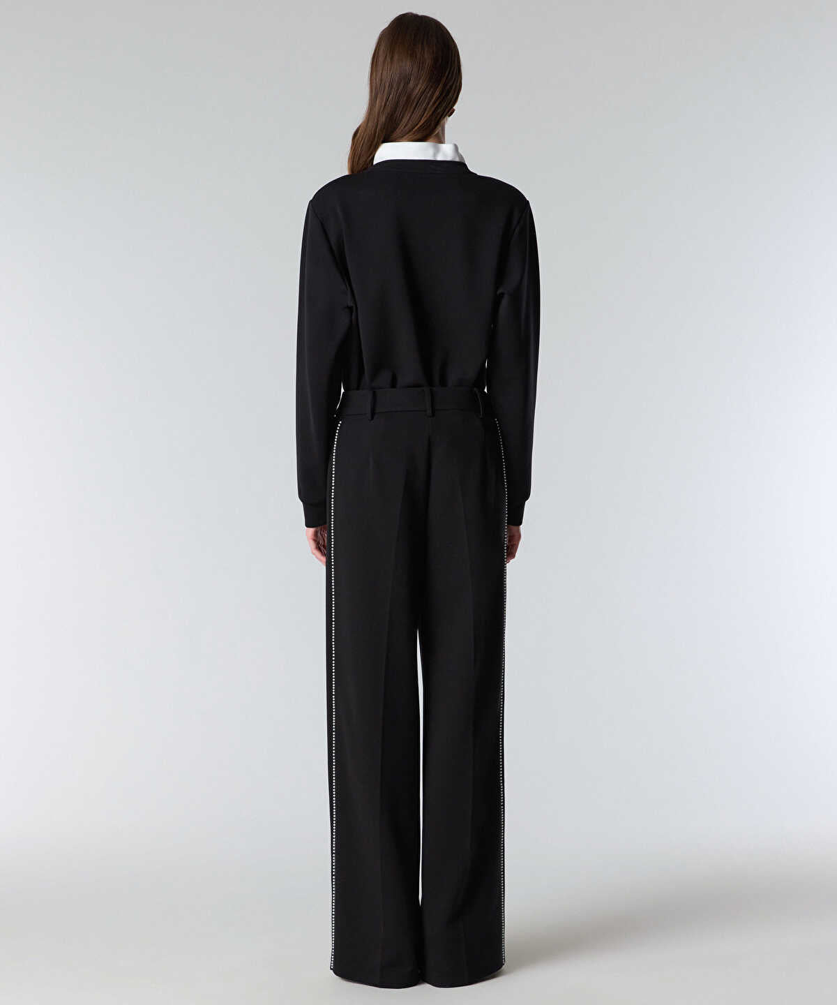 Zoomed Faux-Pearl Trim Wide-Leg Trousers