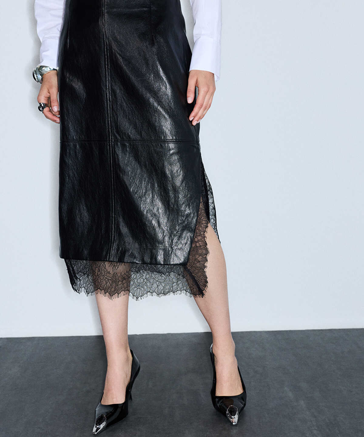 Lace-Trim Faux-Leather Skirt