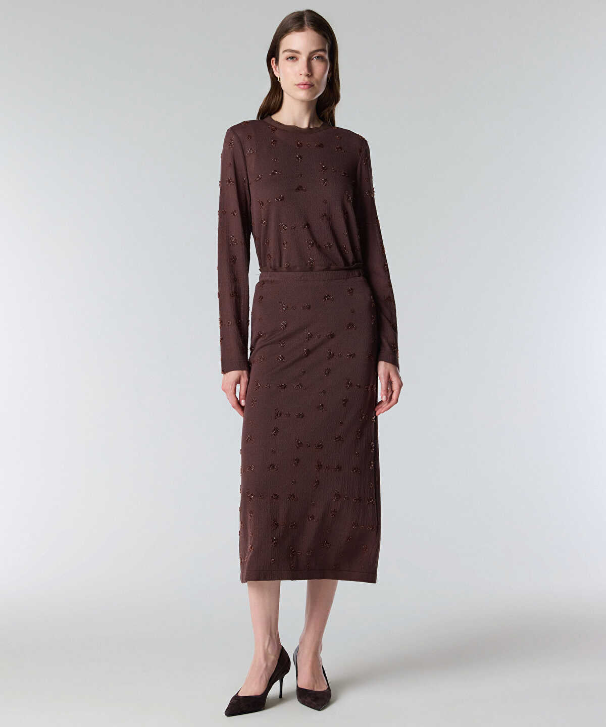 Zoomed Beaded Knit Midi Skirt