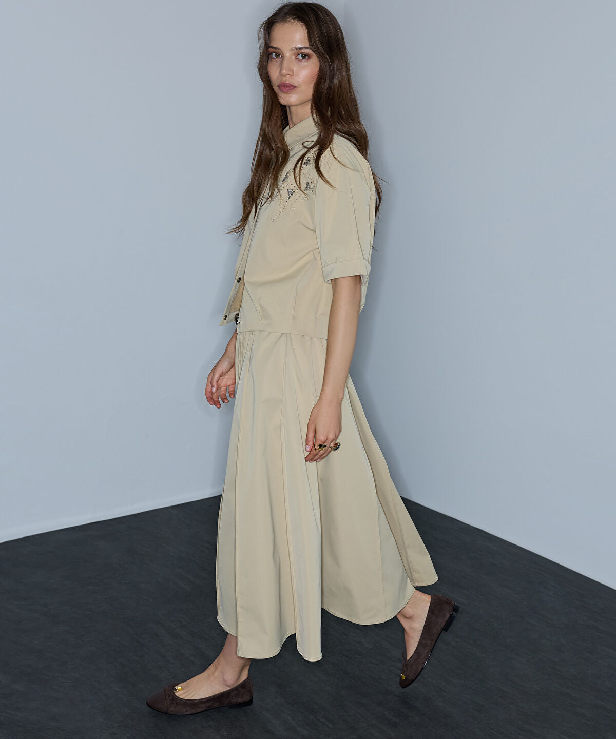Zoomed Faux-Leather Belted Midi Skirt