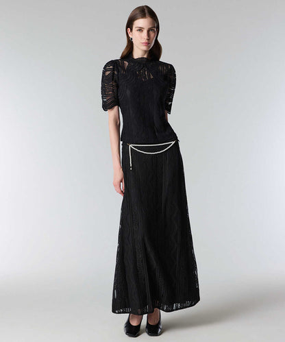 Faux Pearl Belted Textured Skirt