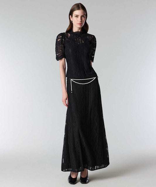 Faux Pearl Belted Textured Skirt