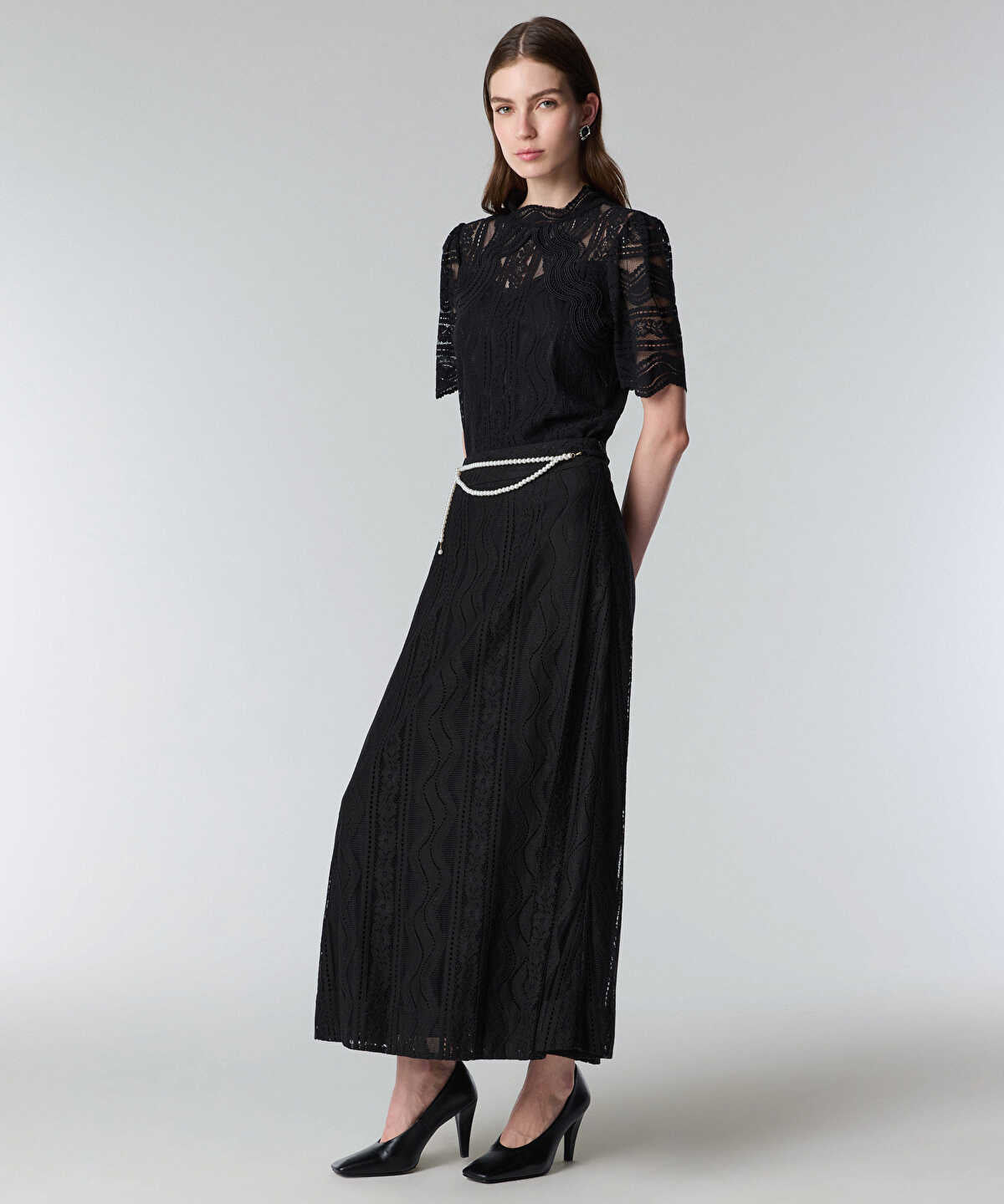 Faux Pearl Belted Textured Skirt