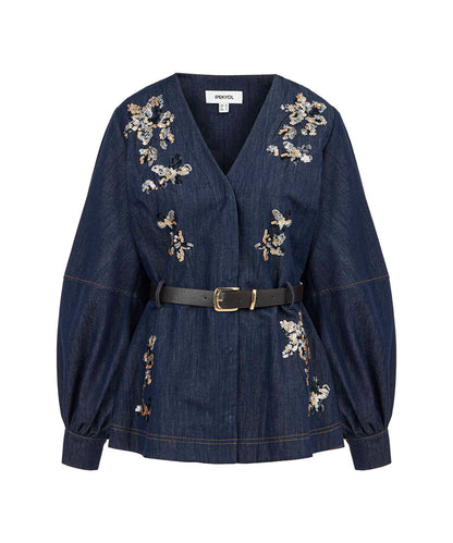 Embroidered Peplum Denim Jacket