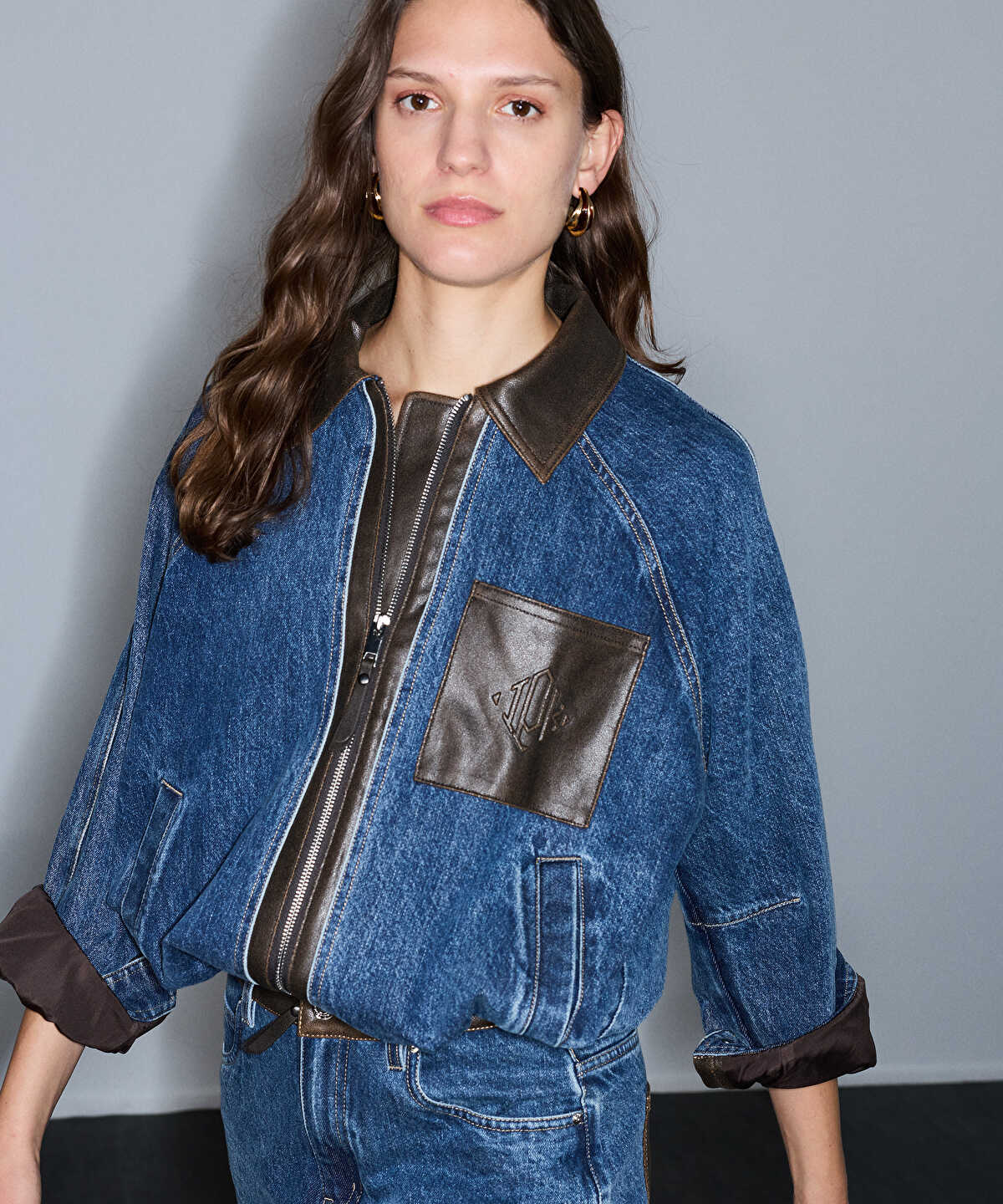 Zoomed Leather-Effect Trim Denim Jacket