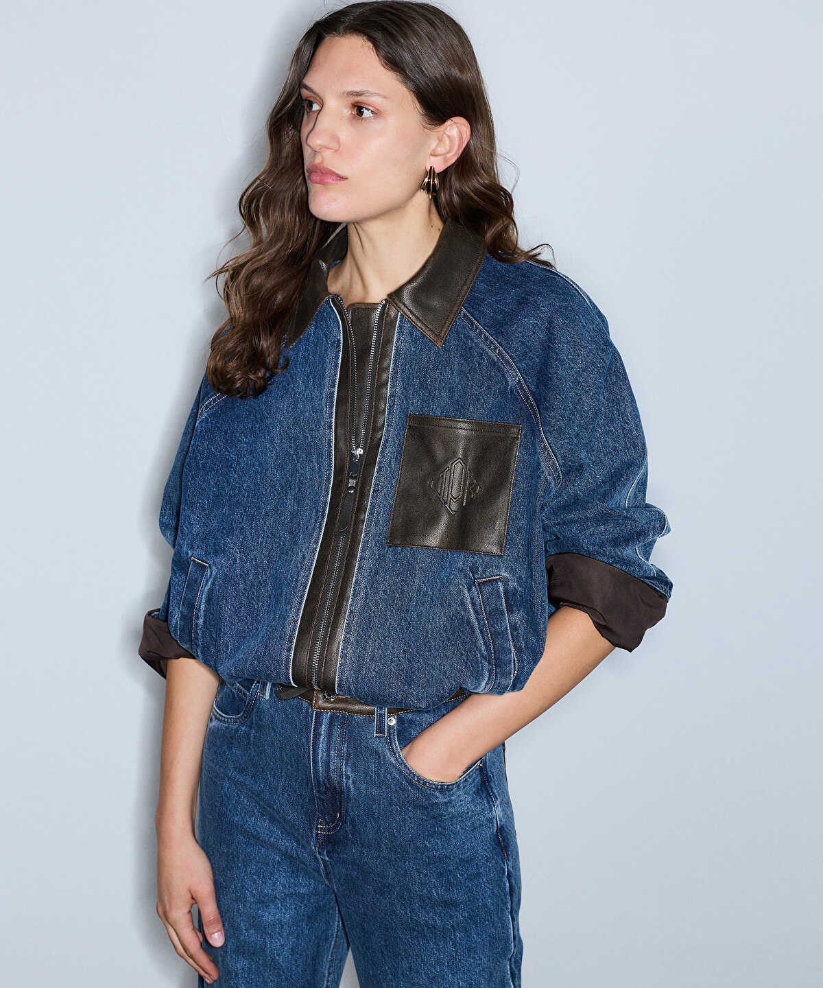 Zoomed Leather-Effect Trim Denim Jacket