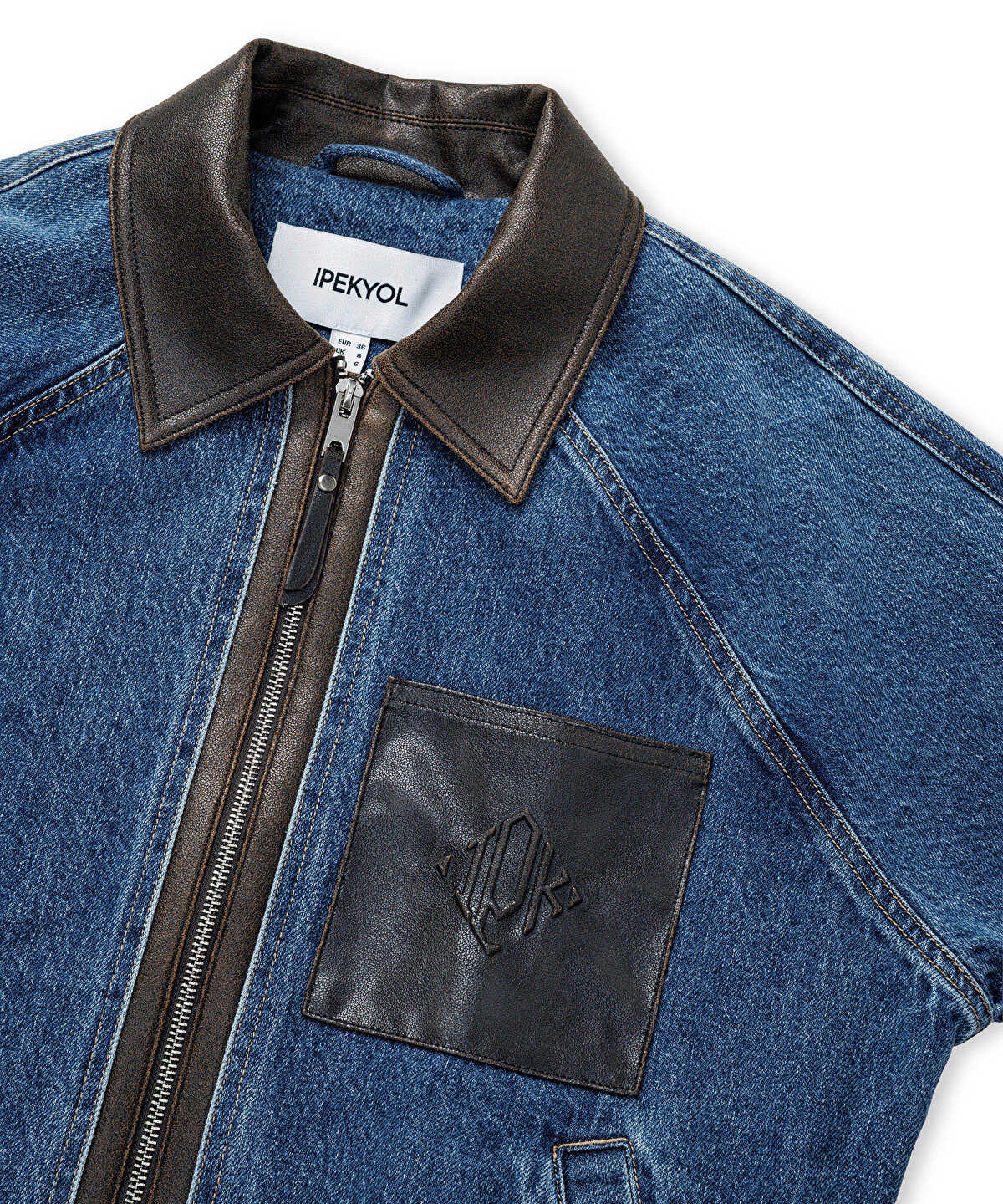 Zoomed Leather-Effect Trim Denim Jacket