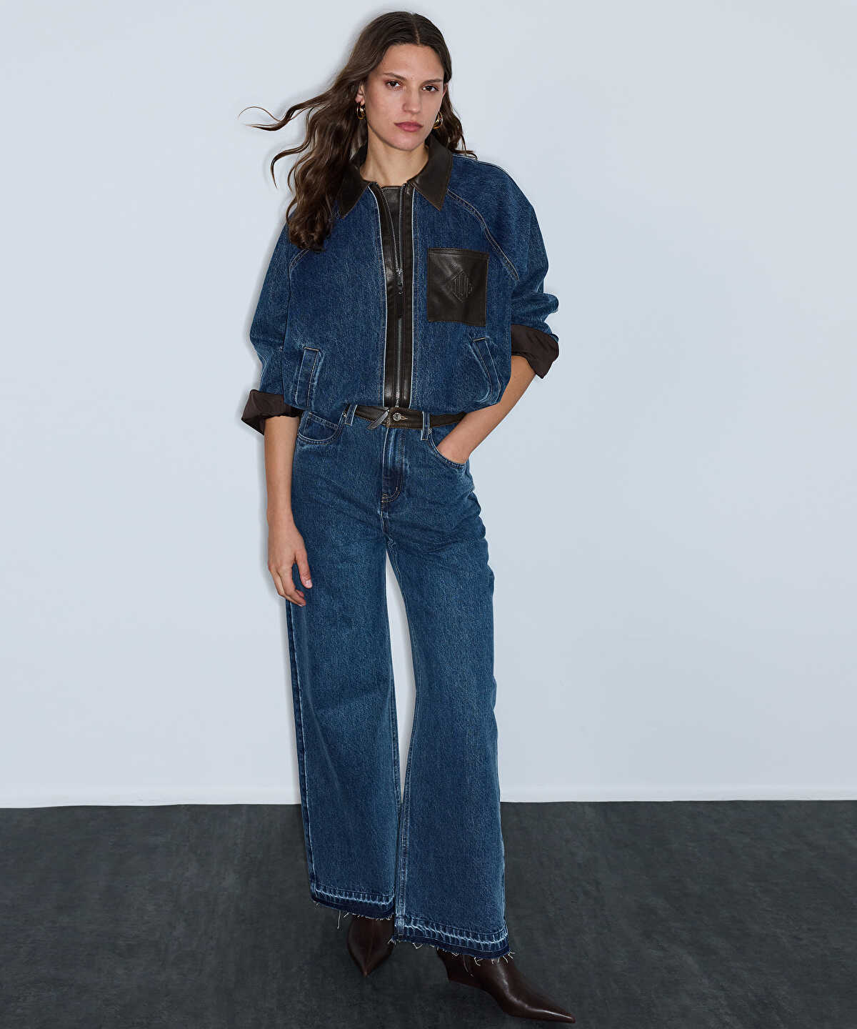 Zoomed Leather-Effect Trim Denim Jacket