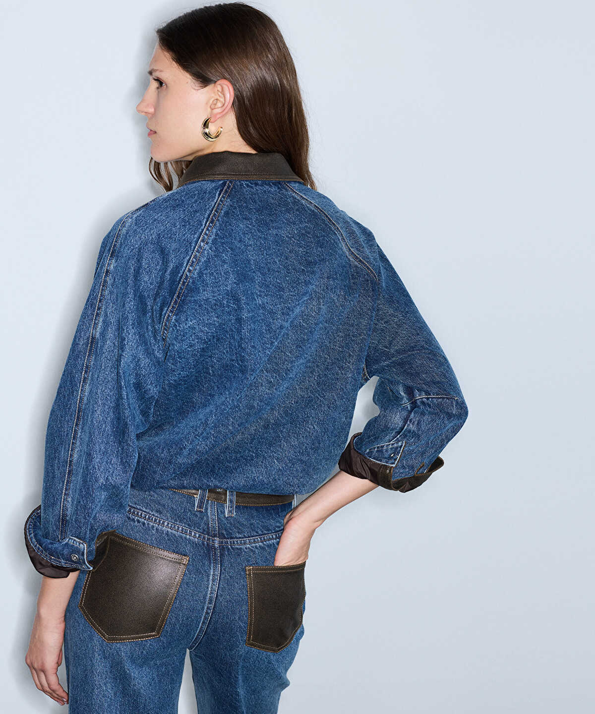 Zoomed Leather-Effect Trim Denim Jacket