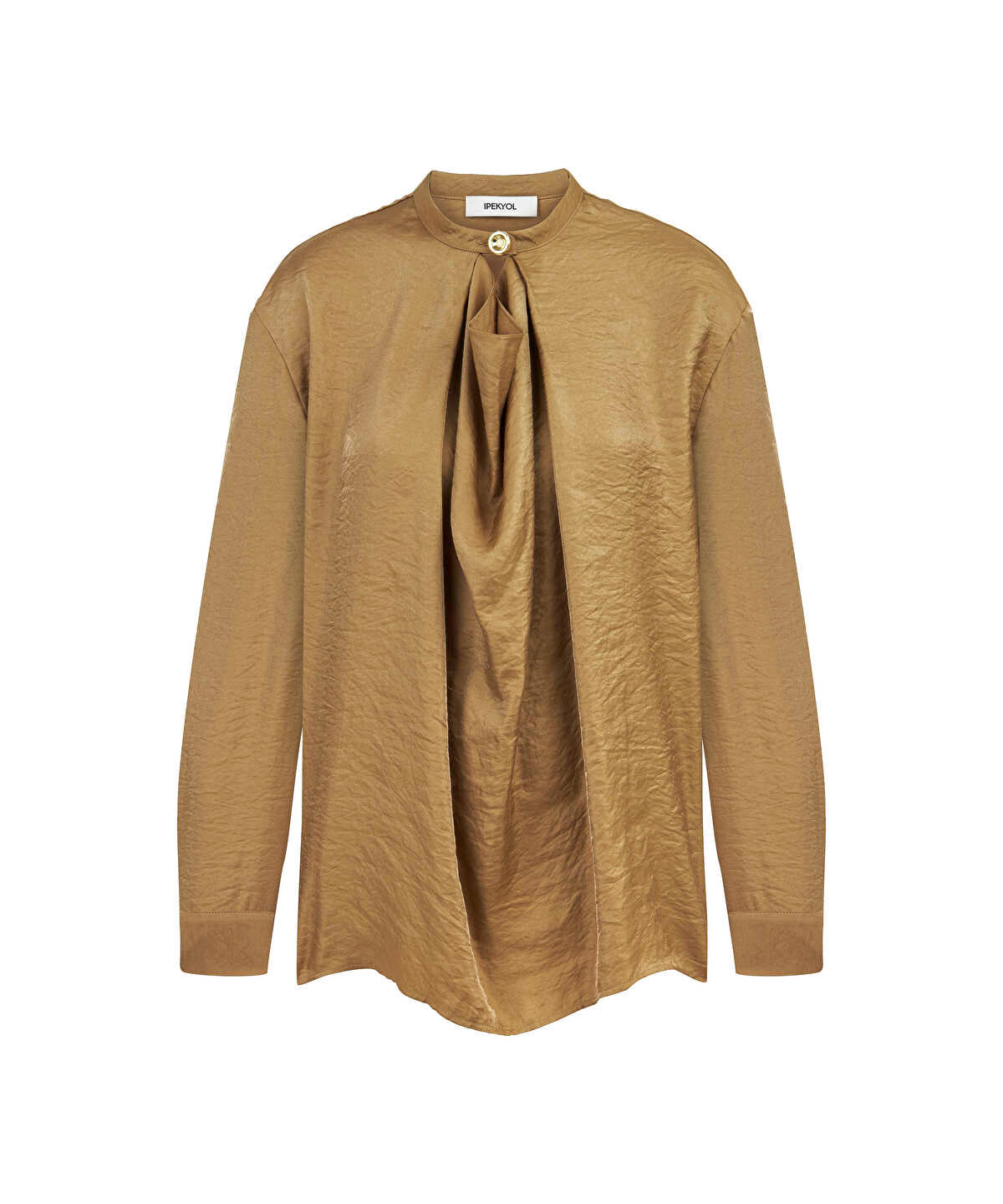 Zoomed Draped-Neck Shimmer Blouse