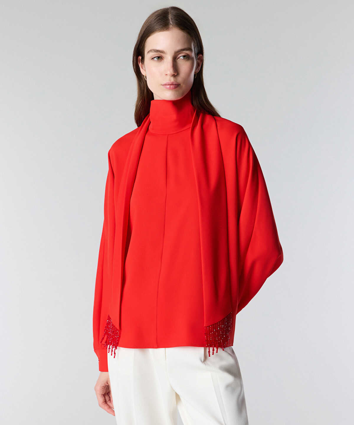 Zoomed Embroidered Scarf Blouse