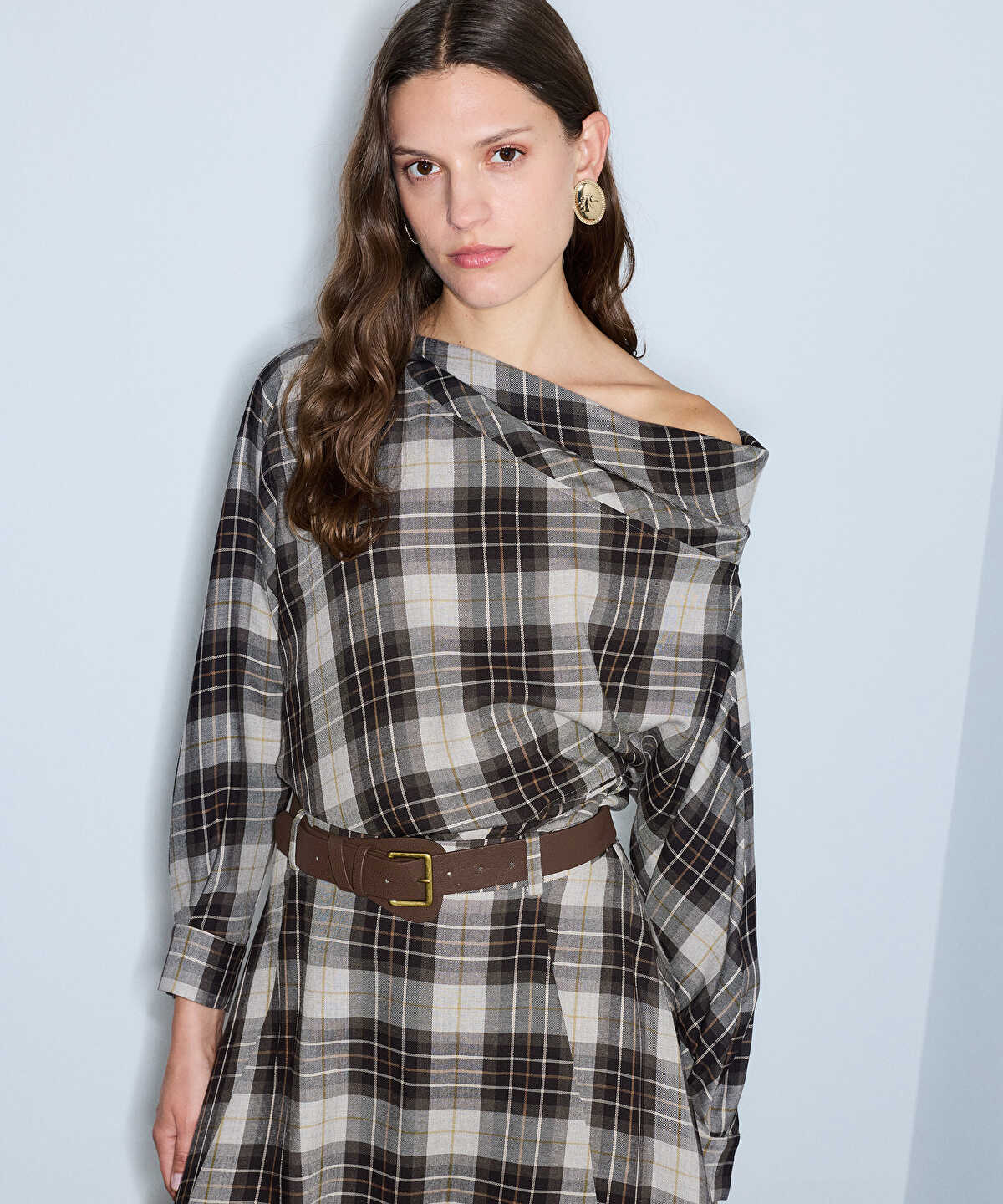 Plaid Boat-Neck Blouse