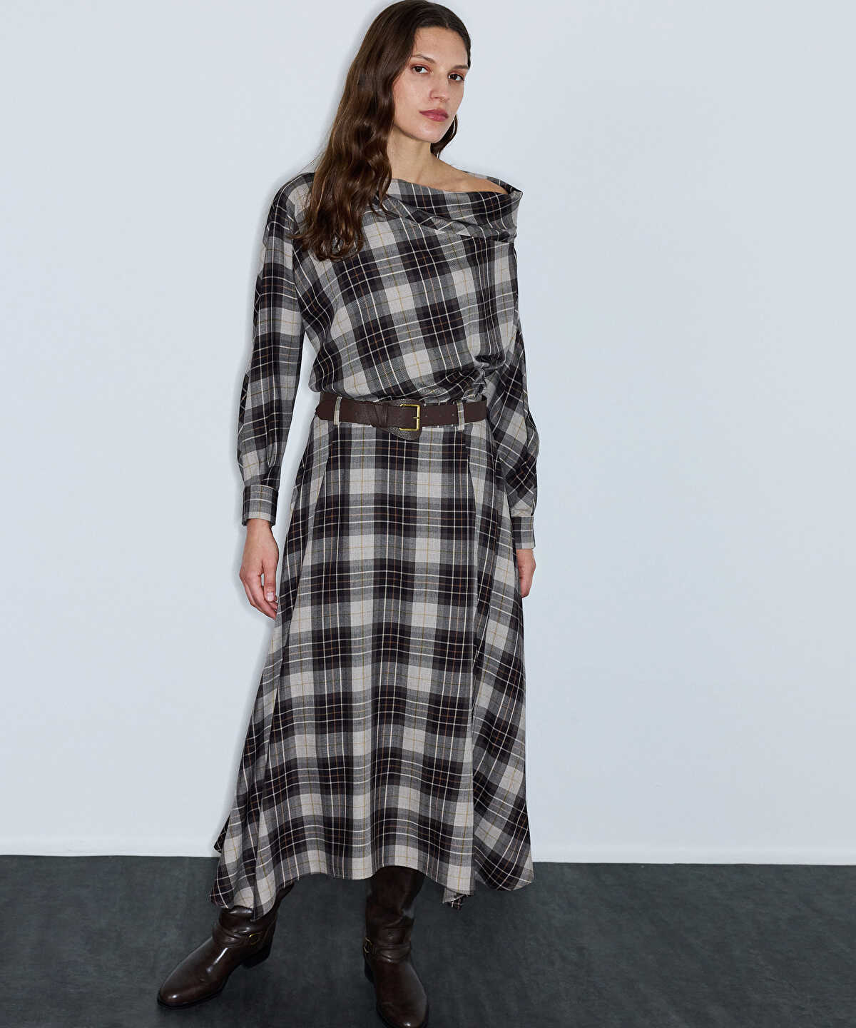 Plaid Boat-Neck Blouse