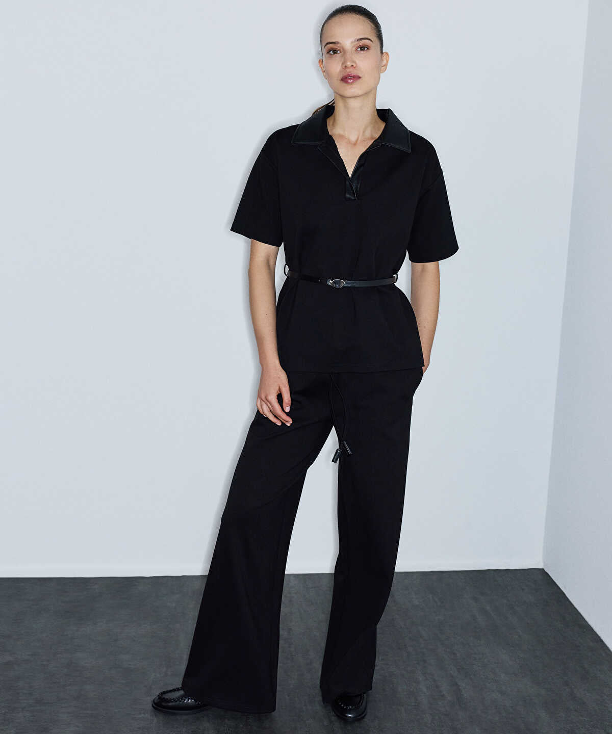 Polo-Neck Belted Blouse