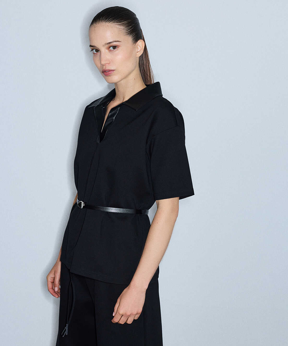 Polo-Neck Belted Blouse
