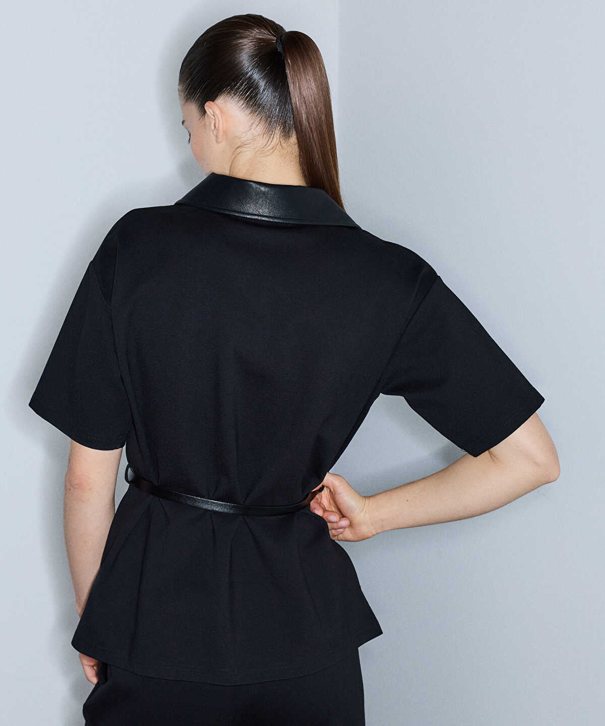 Zoomed Polo-Neck Belted Blouse