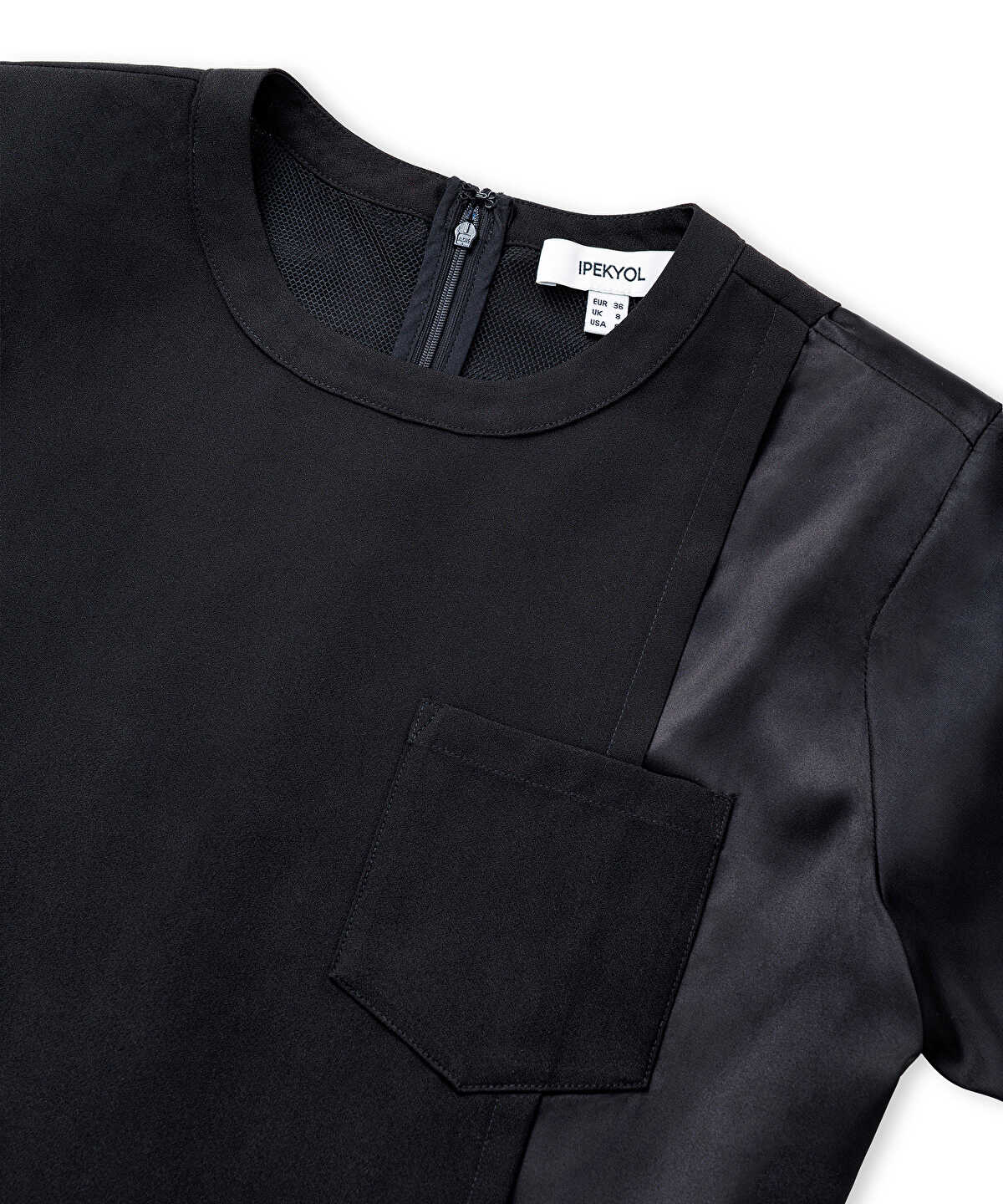 Zoomed Mixed-Media Shoulder-Pad Blouse