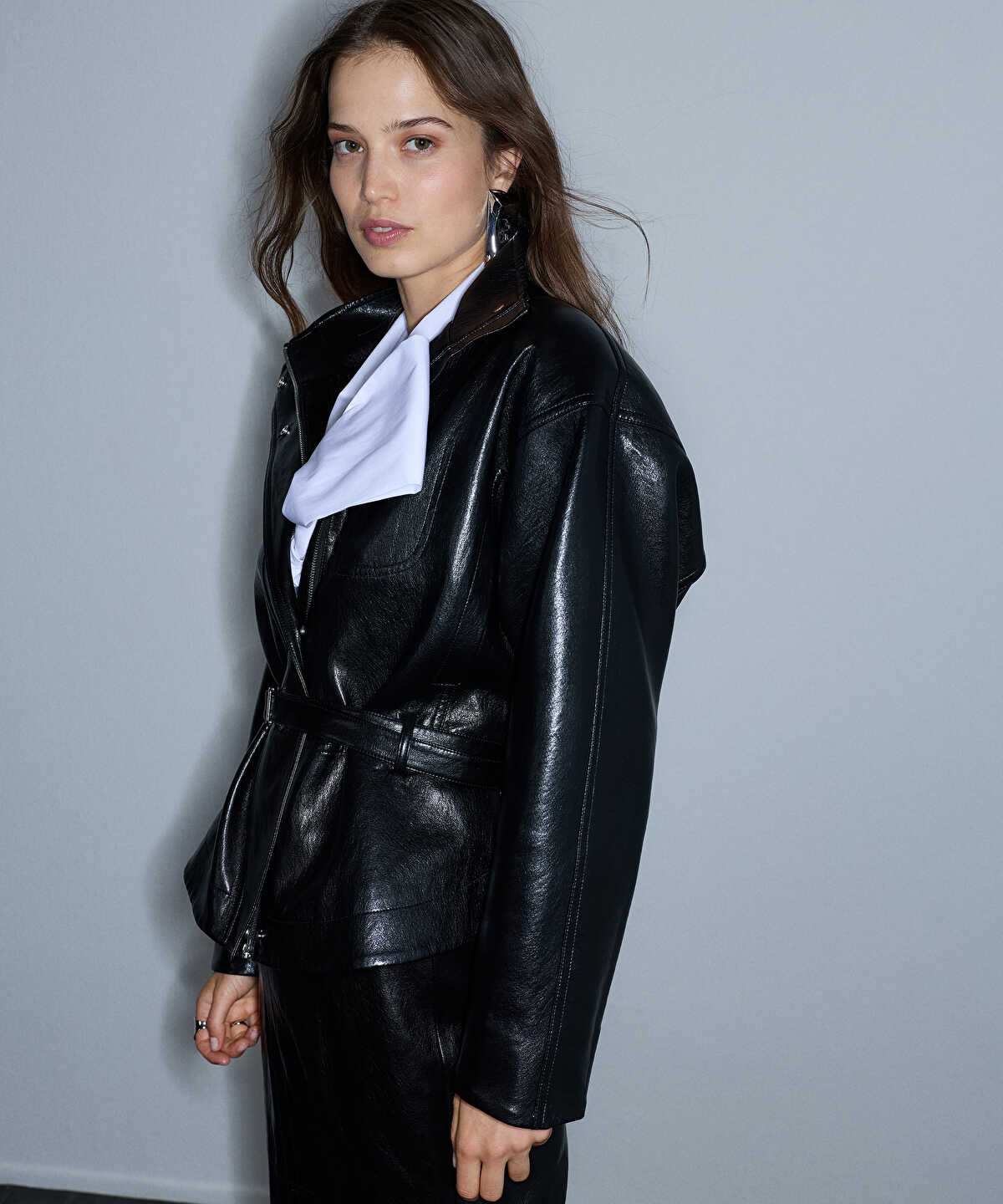 Zoomed Leather-Effect Shoulder-Padded Coat