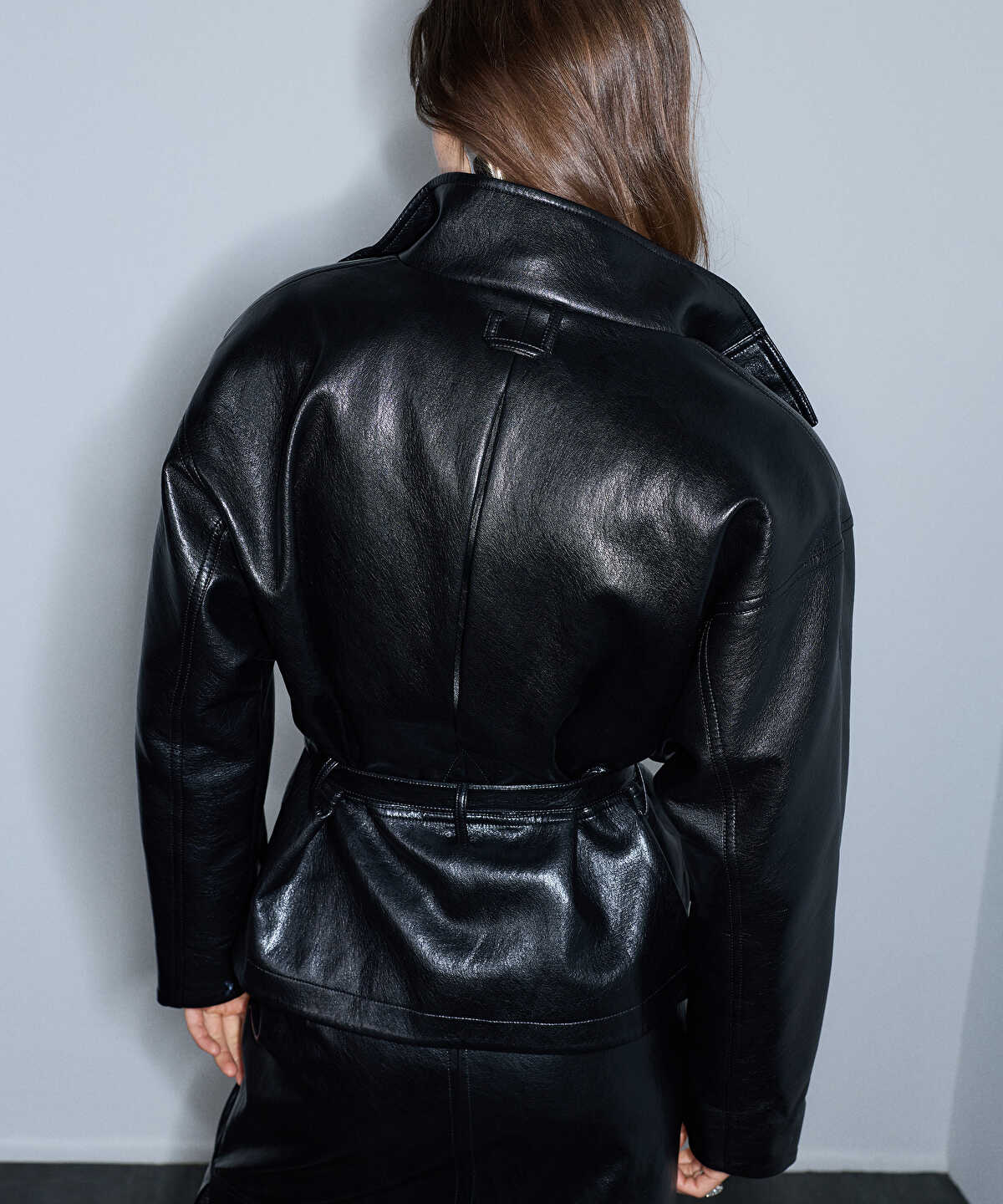 Zoomed Leather-Effect Shoulder-Padded Coat