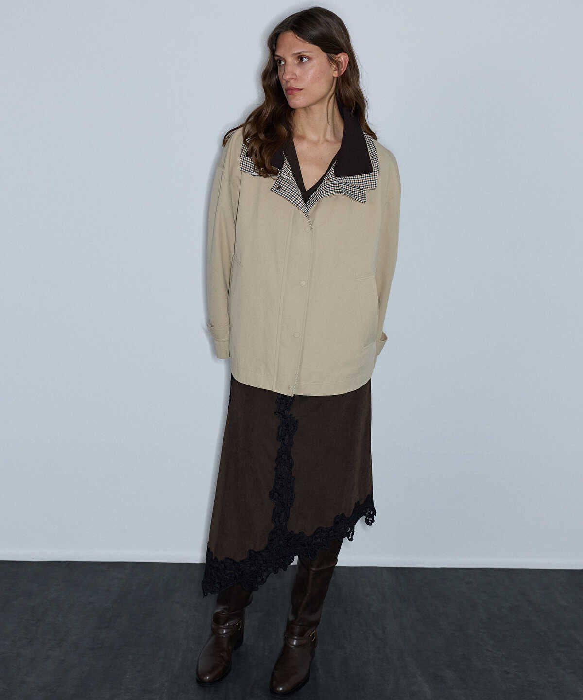 Zoomed Knit-Collar Color-Block Coat