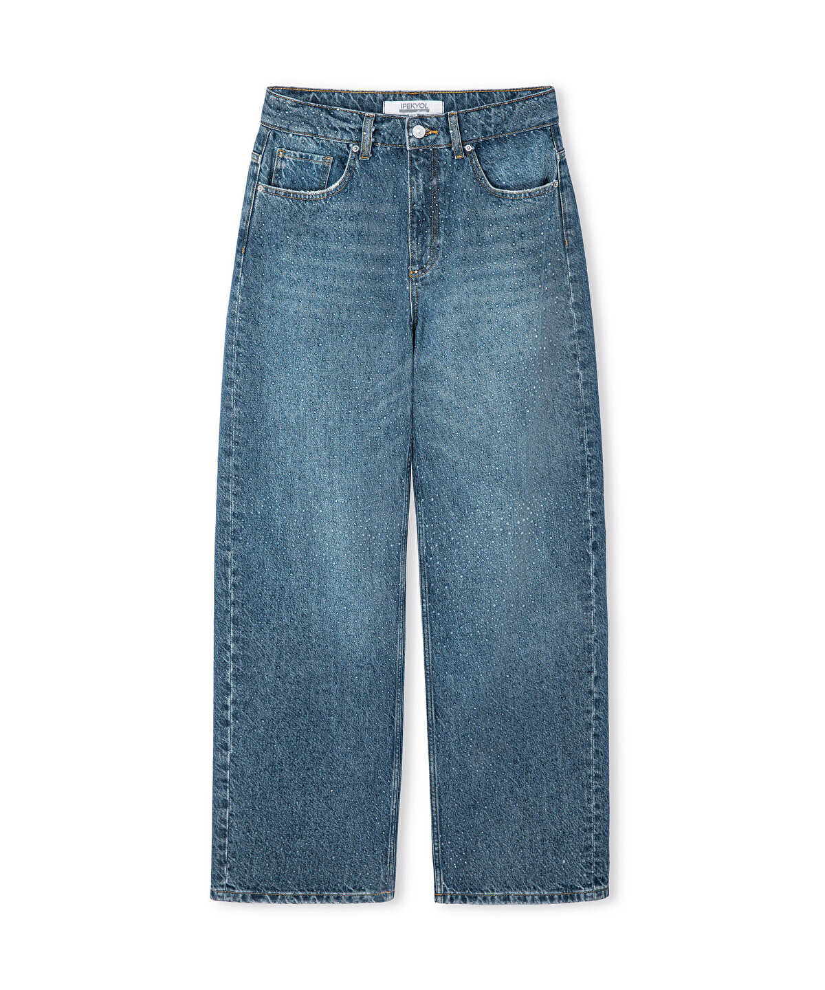 Zoomed Wide-Leg Jeans with Rhinestones