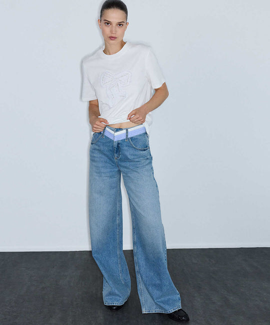 Wide-Leg Jeans with Contrast Waistband