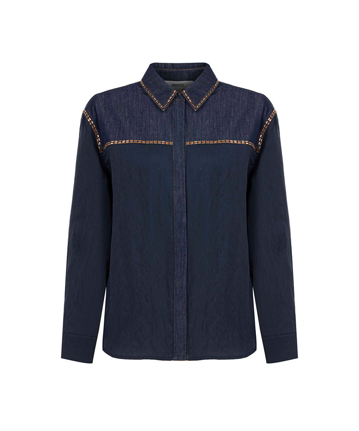 Zoomed Rhinestone-Trim Denim Shirt