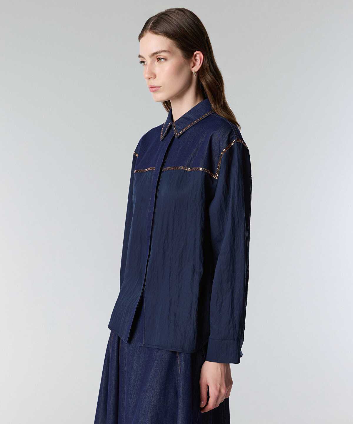 Zoomed Rhinestone-Trim Denim Shirt