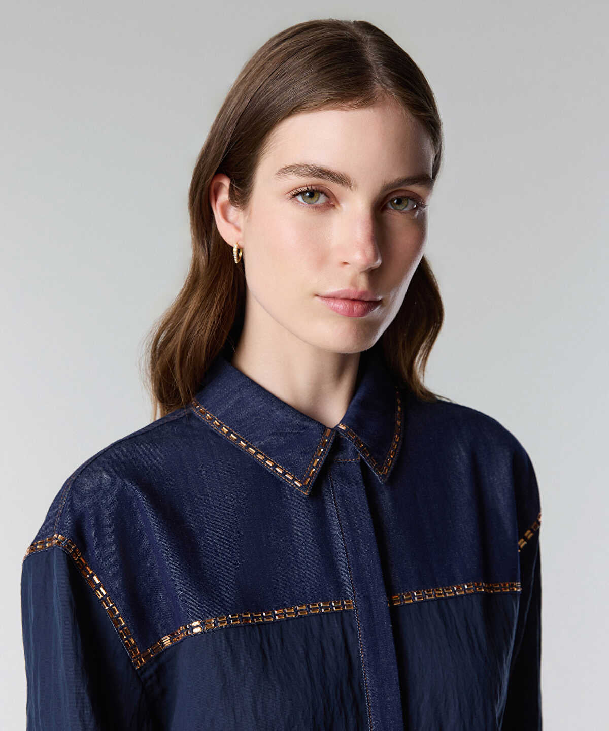 Zoomed Rhinestone-Trim Denim Shirt