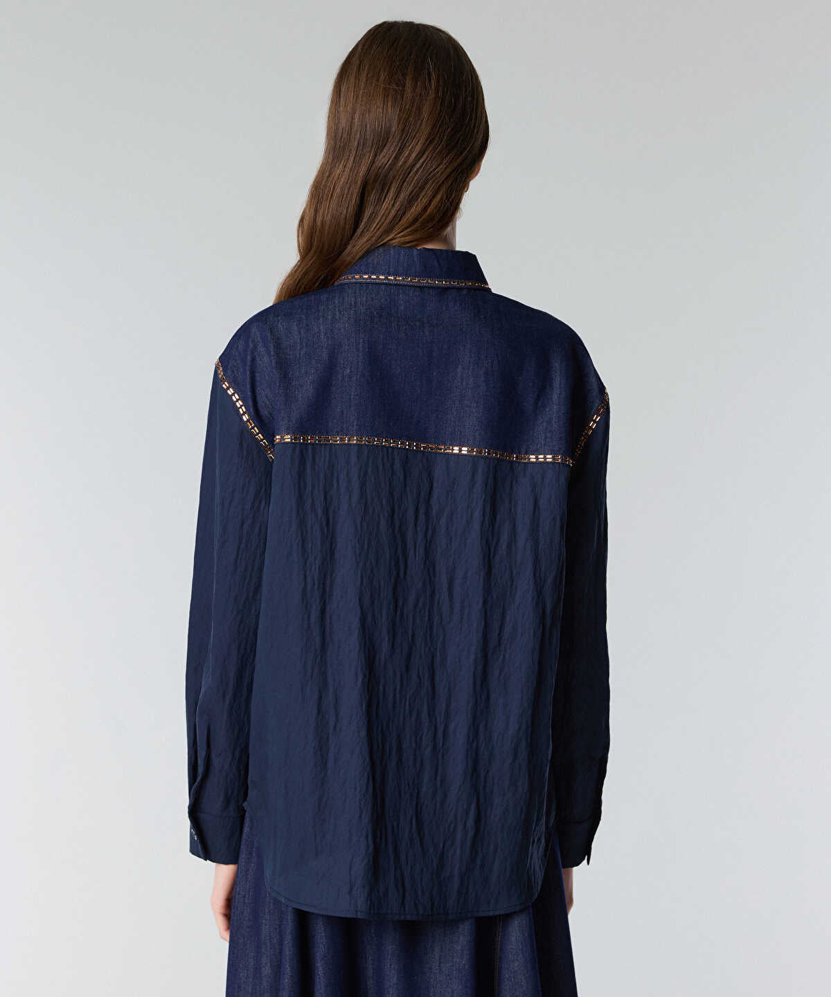 Zoomed Rhinestone-Trim Denim Shirt