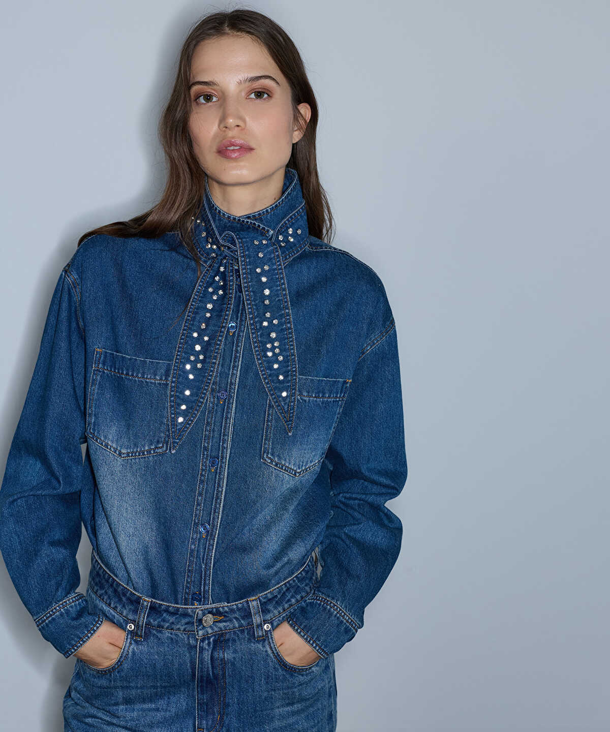 Zoomed Denim Shirt with Detachable Scarf