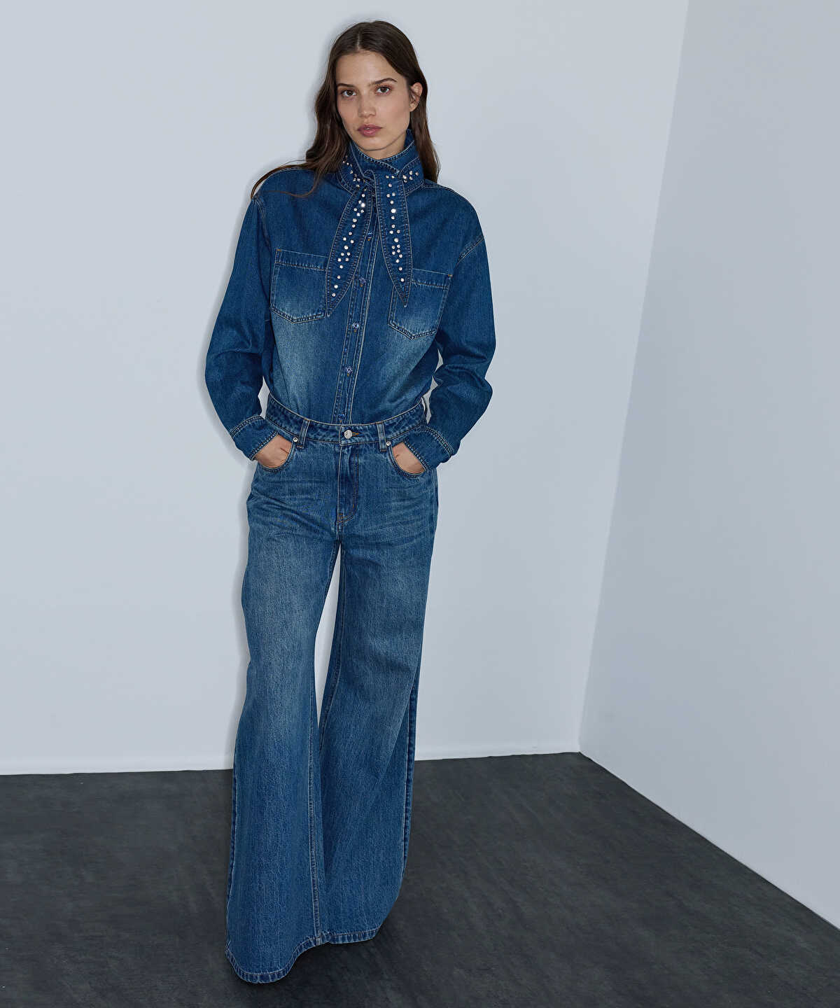 Zoomed Denim Shirt with Detachable Scarf
