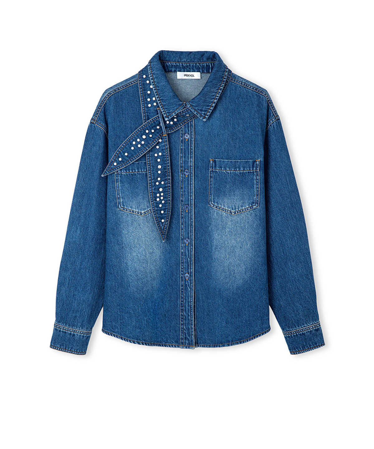Zoomed Denim Shirt with Detachable Scarf