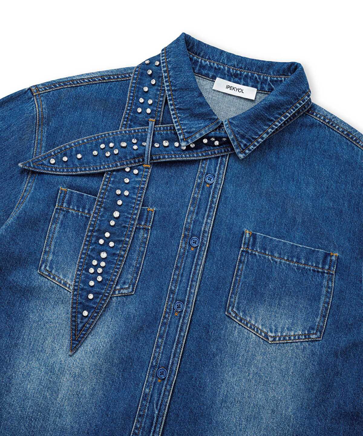 Denim Shirt with Detachable Scarf