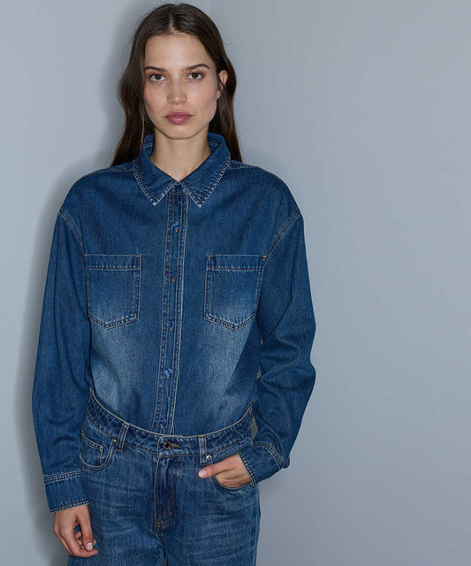 Denim Shirt with Detachable Scarf