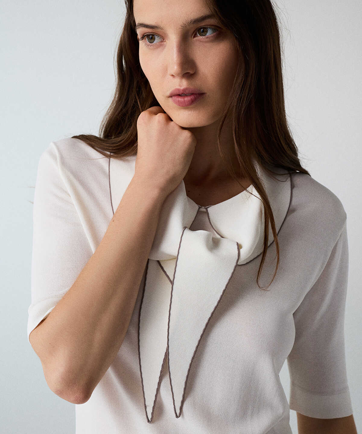 Zoomed Tie-Neck Knit Top