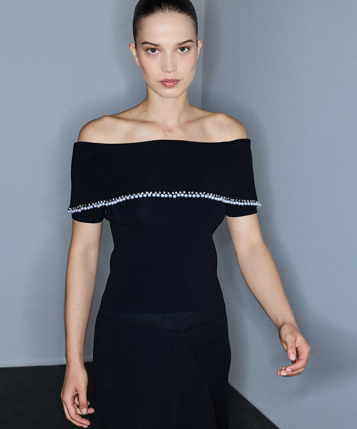 Zoomed Embellished Off-Shoulder Knit Top