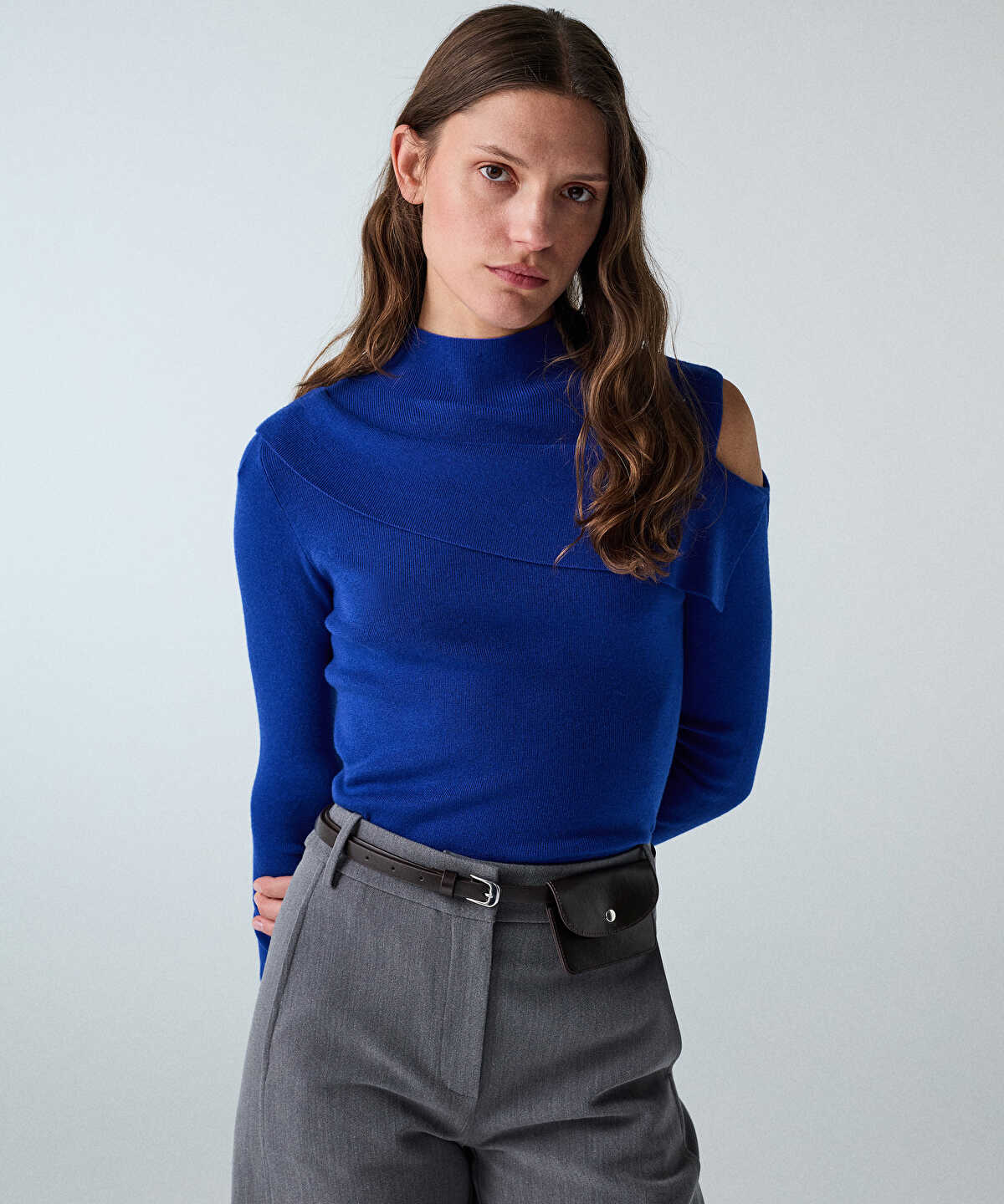 Zoomed Asymmetric High-Neck Knit Top
