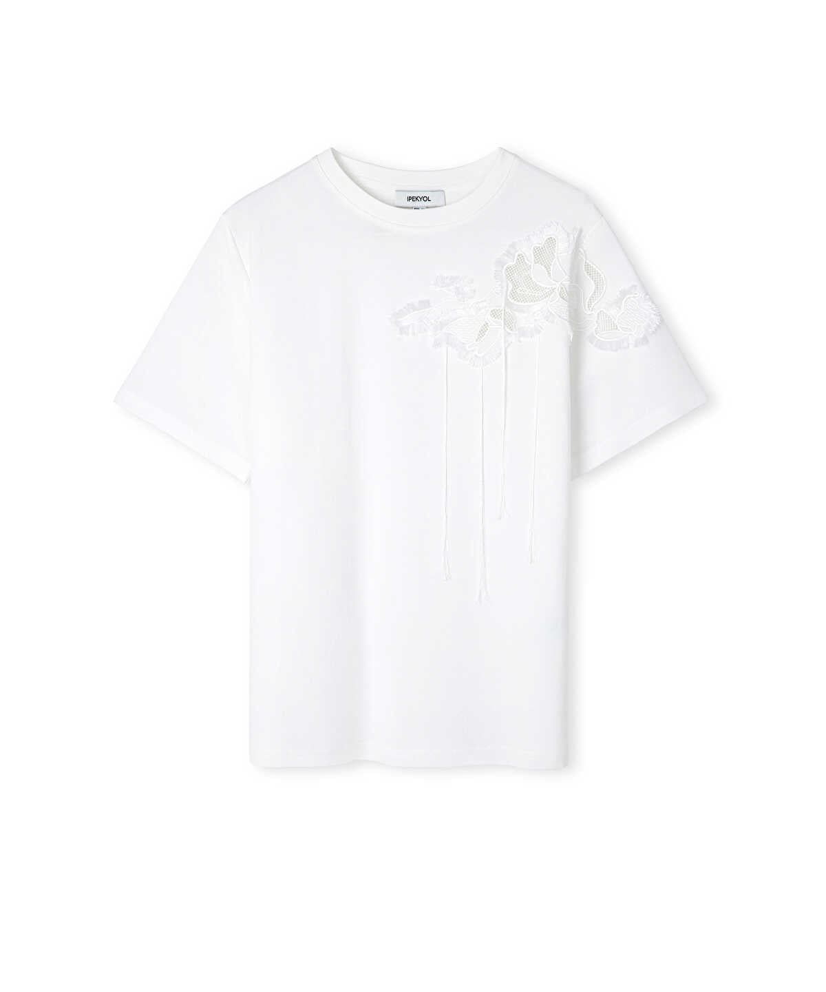 Zoomed Floral Embroidery T-Shirt with Fringe