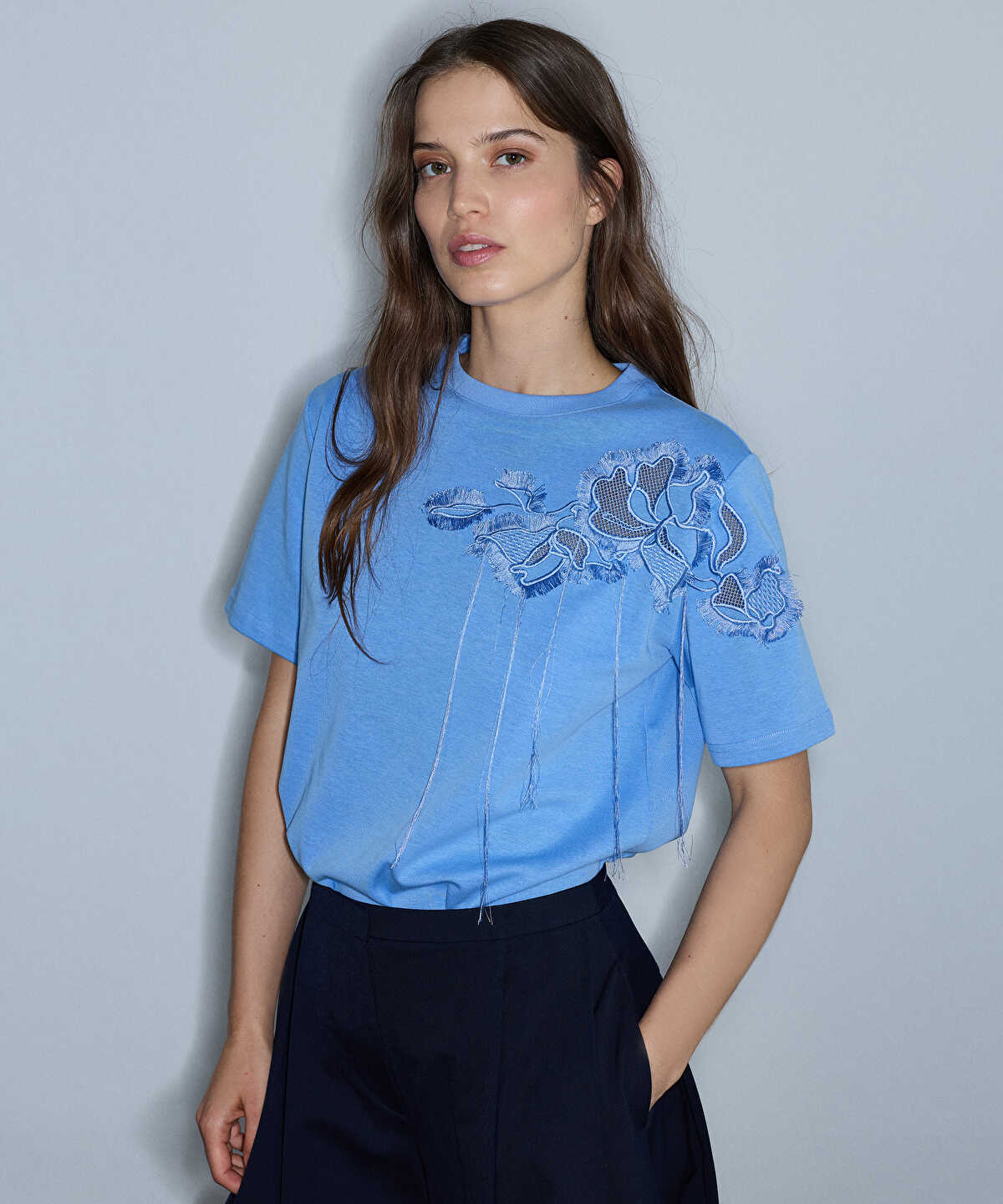 Floral Embroidery T-Shirt with Fringe