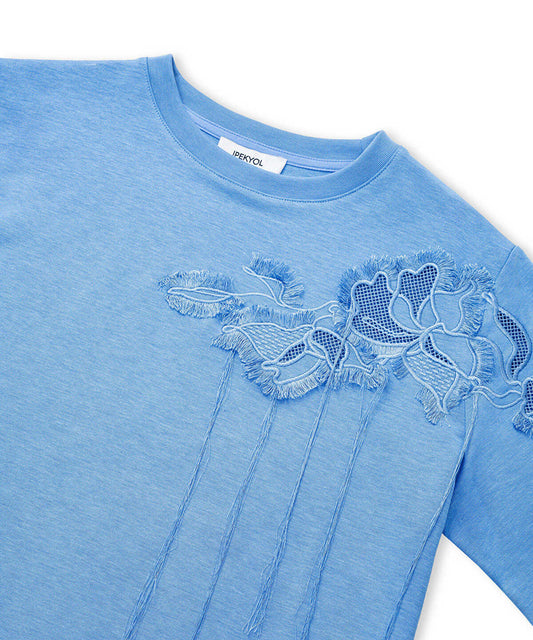 Floral Embroidery T-Shirt with Fringe