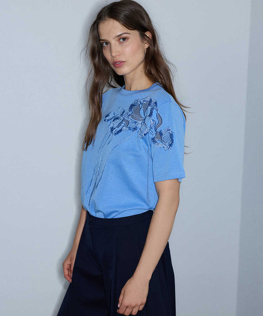 Floral Embroidery T-Shirt with Fringe